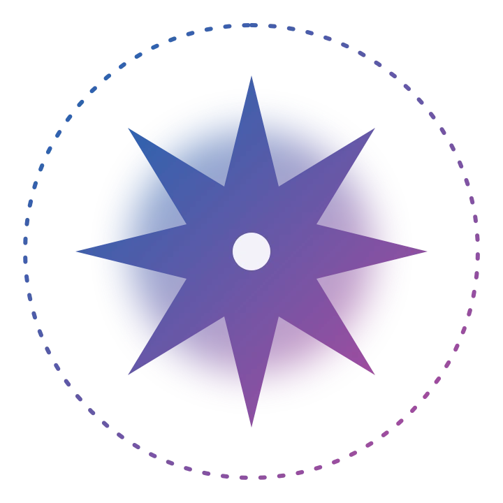 An eight-point star with a blue to magenta gradient, glowing, inside a dotted orbit ring. Rendered by NovaSVG from the SVG shown on the left.